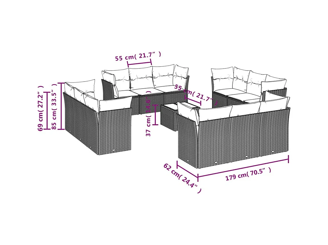 Salon de jardin avec coussins 13 pcs beige résine tressée