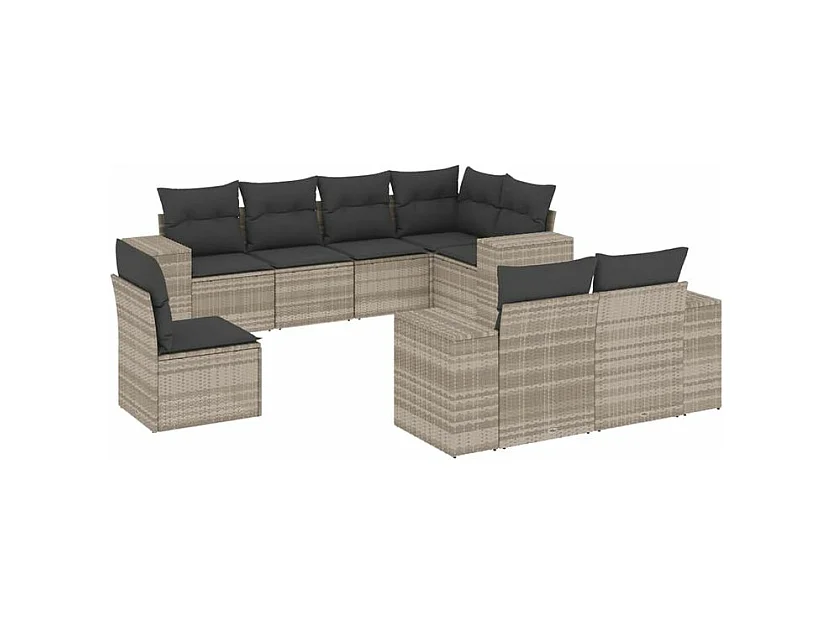 Salon de jardin 8 pcs avec coussins gris clair résine tressée