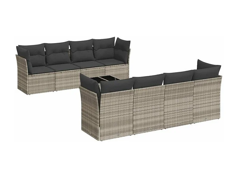 Salon de jardin 9 pcs avec coussins gris clair résine tressée