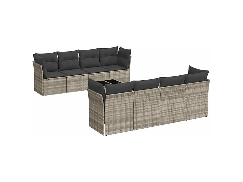 Salon de jardin 9 pcs avec coussins gris clair résine tressée