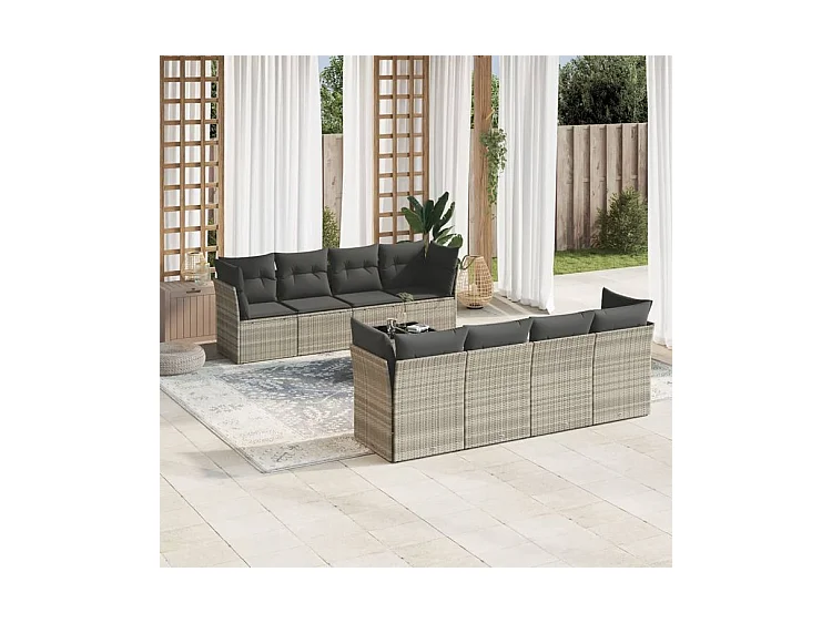 Salon de jardin 9 pcs avec coussins gris clair résine tressée
