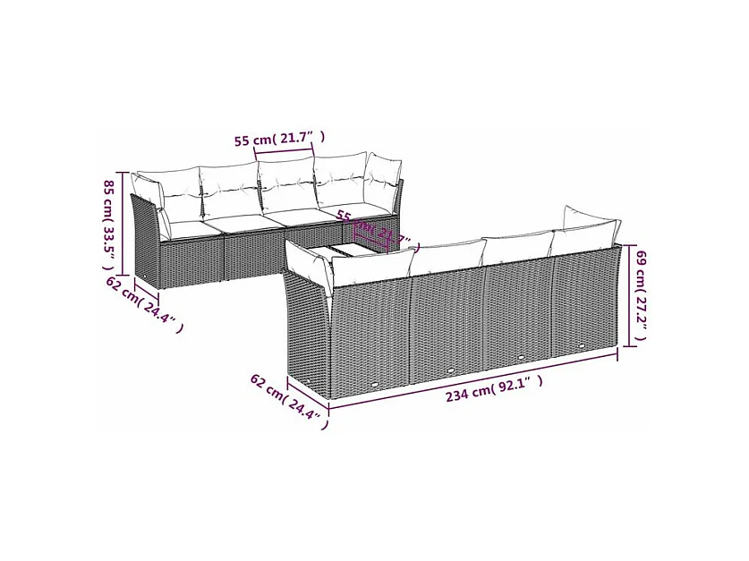 Salon de jardin 9 pcs avec coussins gris clair résine tressée