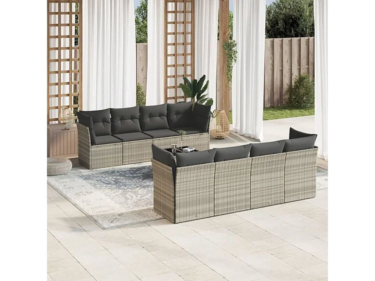 Salon de jardin 9 pcs avec coussins gris clair résine tressée