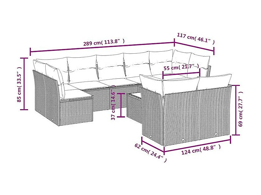 Salon de jardin avec coussins 10 pcs gris clair résine tressée
