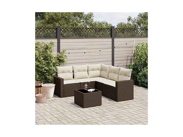 Salon de jardin avec coussins 6 pcs marron résine tressée
