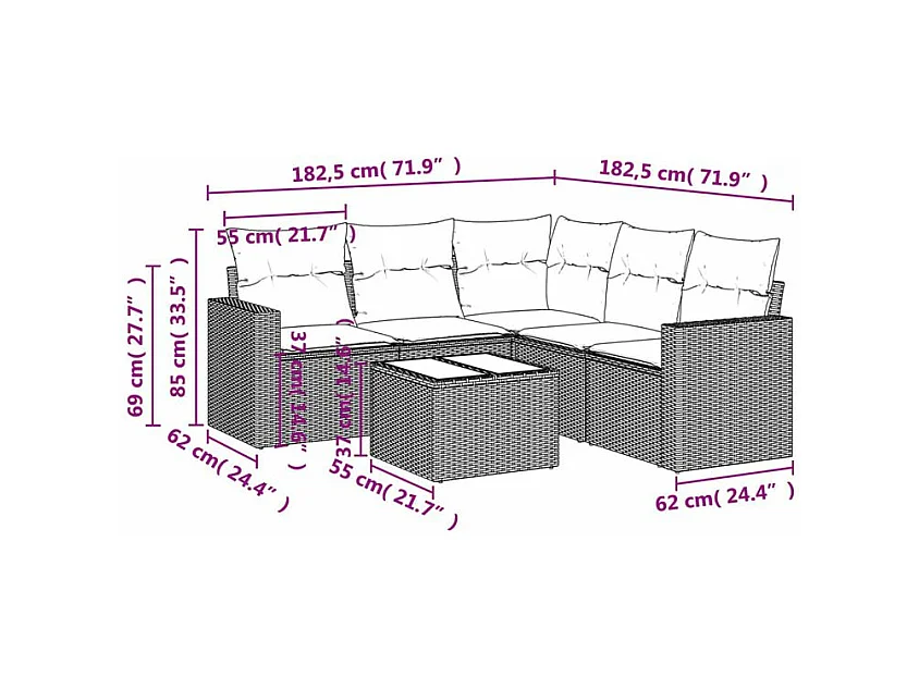 Salon de jardin avec coussins 6 pcs marron résine tressée