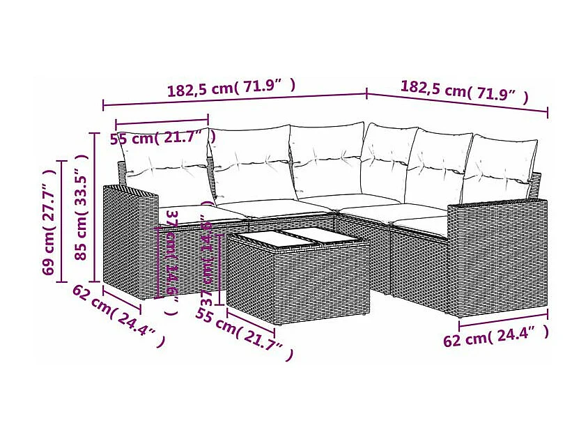 Salon de jardin avec coussins 6 pcs marron résine tressée