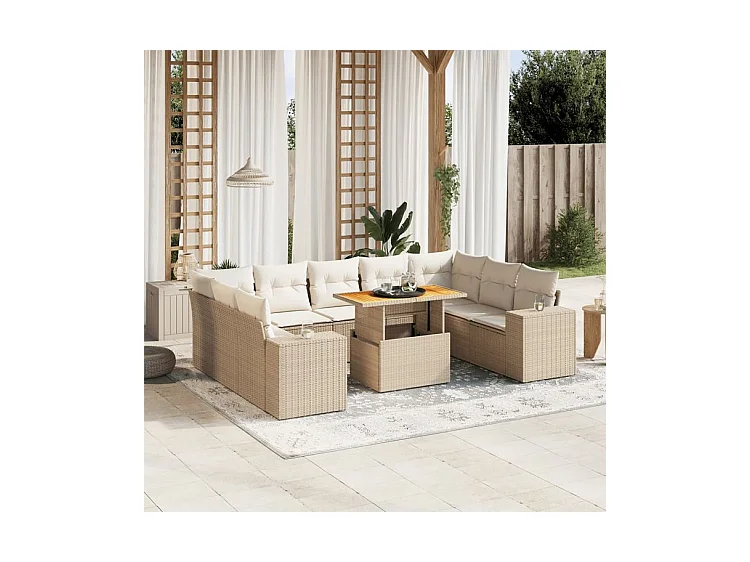 Salon de jardin avec coussins 10 pcs beige résine tressée