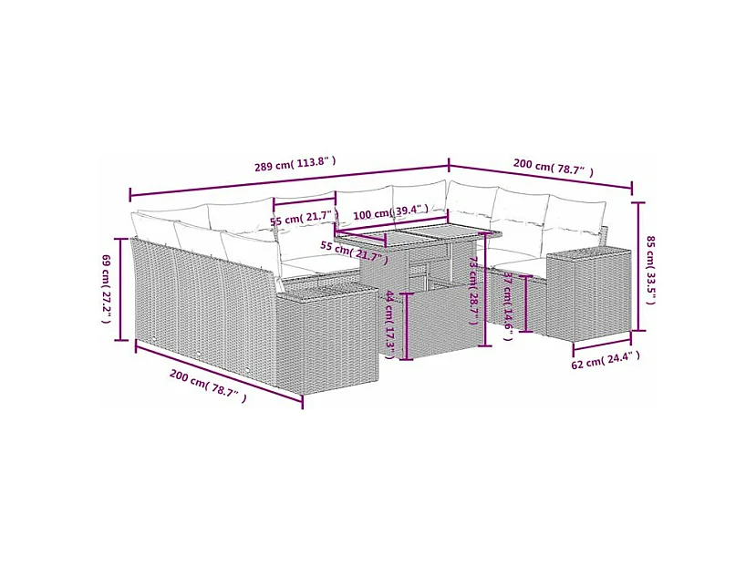 Salon de jardin avec coussins 10 pcs beige résine tressée