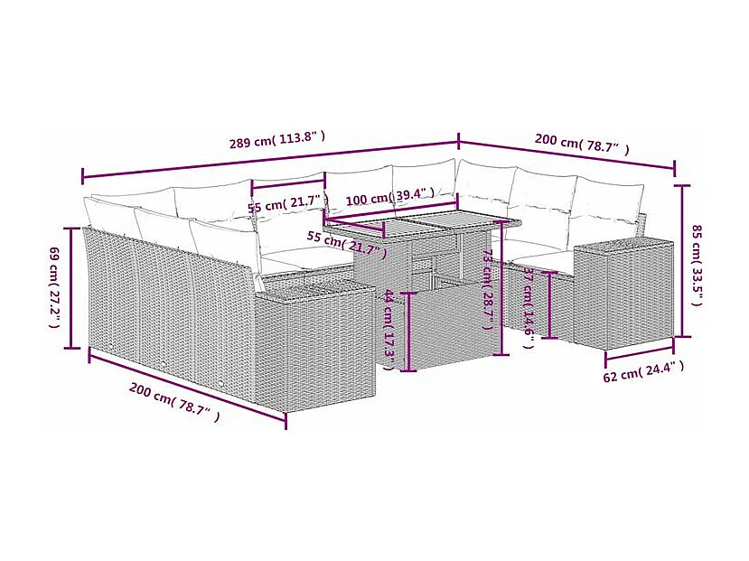 Salon de jardin avec coussins 10 pcs beige résine tressée