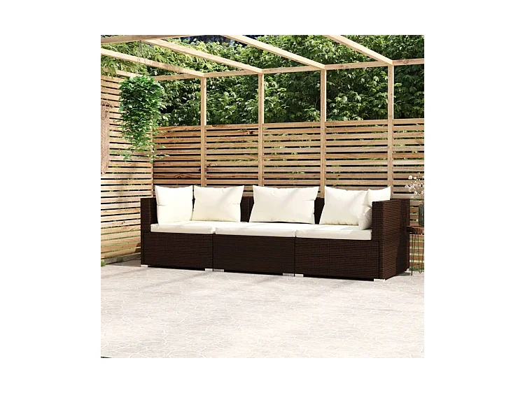 Canapé 3 places avec coussins Marron Résine tressée