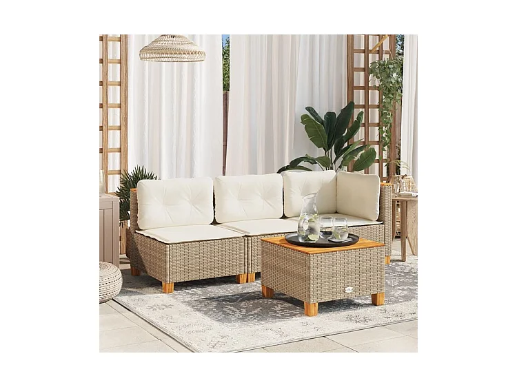 Canapé de jardin avec coussins 3 places beige résine tressée