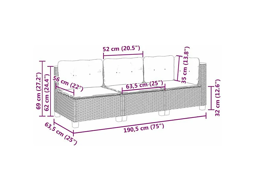 Canapé de jardin avec coussins 3 places beige résine tressée