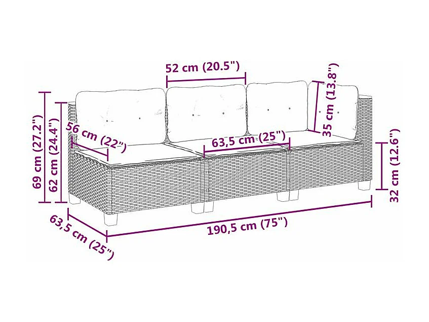 Canapé de jardin avec coussins 3 places beige résine tressée