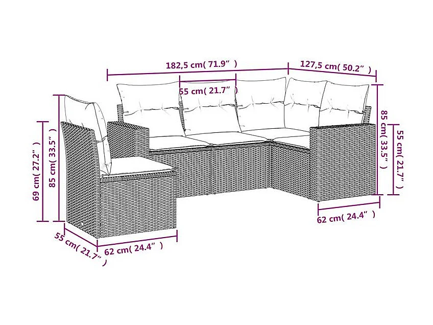 Salon de jardin 5 pcs avec coussins gris clair résine tressée