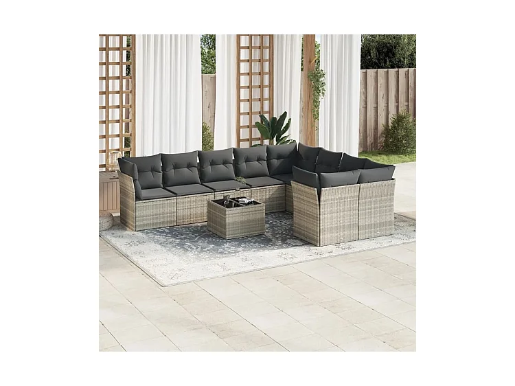 Salon de jardin avec coussins 10 pcs gris clair résine tressée
