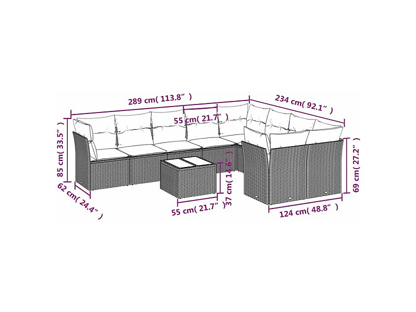 Salon de jardin avec coussins 10 pcs gris clair résine tressée