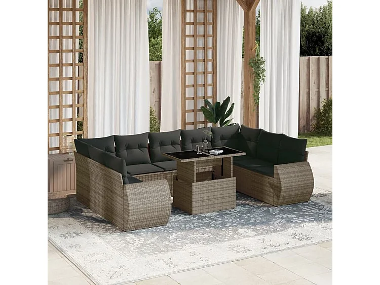 Salon de jardin avec coussins 10 pcs gris résine tressée
