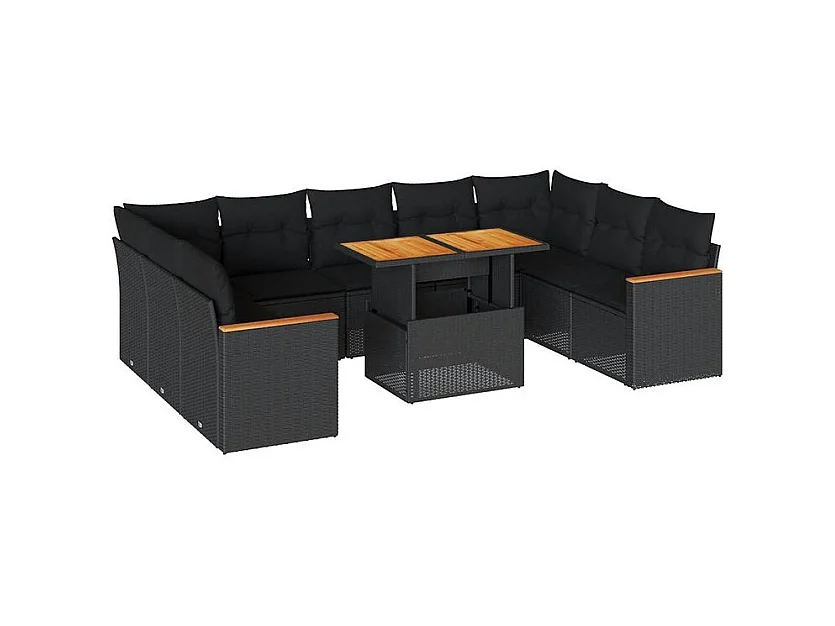 Salon de jardin 10 pcs avec coussins noir résine tressée acacia