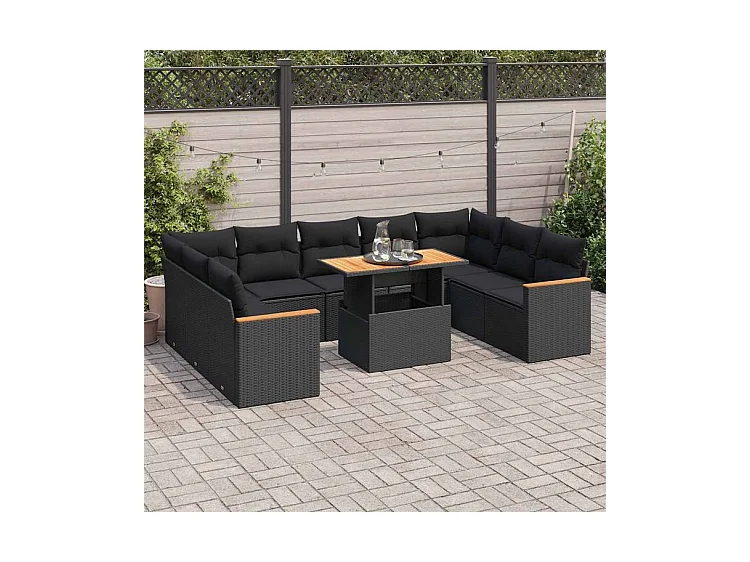 Salon de jardin 10 pcs avec coussins noir résine tressée acacia