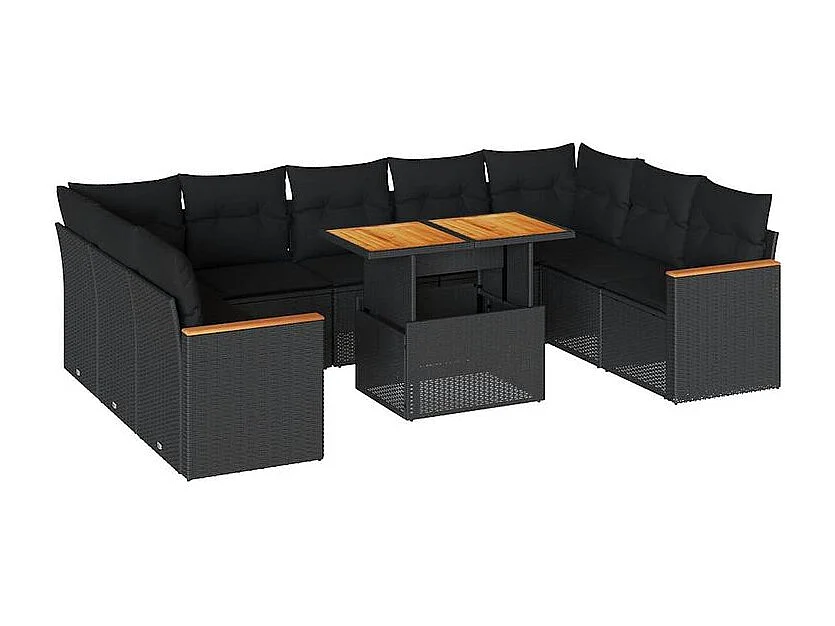Salon de jardin 10 pcs avec coussins noir résine tressée acacia