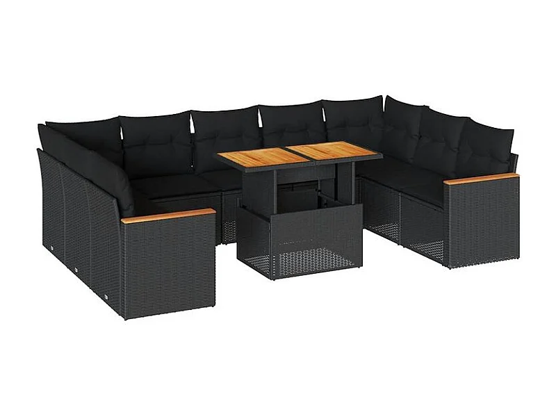 Salon de jardin 10 pcs avec coussins noir résine tressée acacia