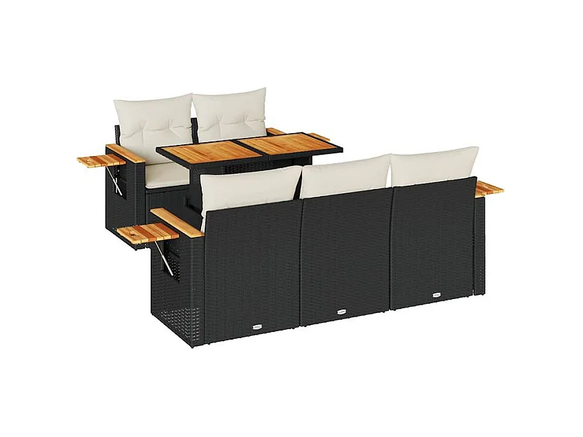 Salon de jardin 6 pcs avec coussins noir résine tressée acacia