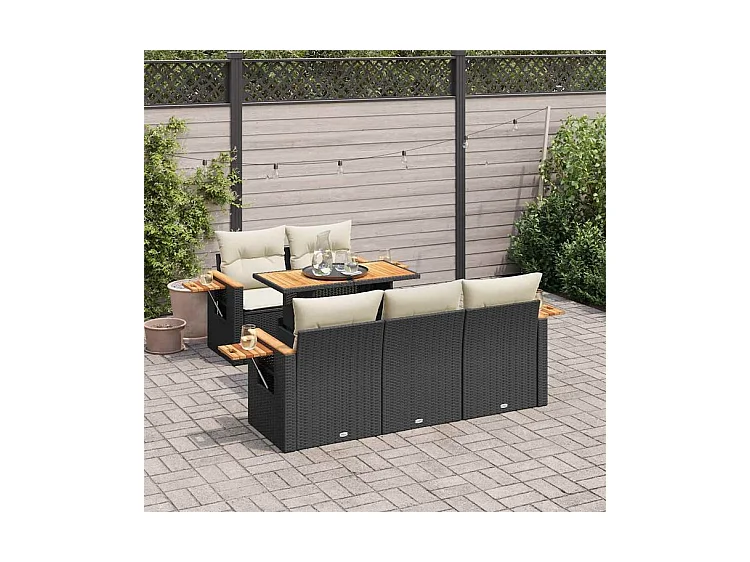 Salon de jardin 6 pcs avec coussins noir résine tressée acacia