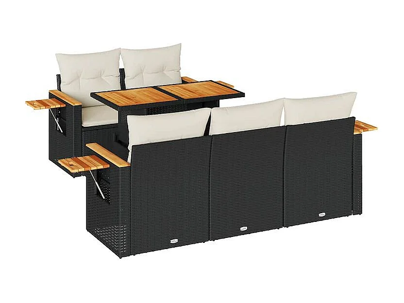 Salon de jardin 6 pcs avec coussins noir résine tressée acacia