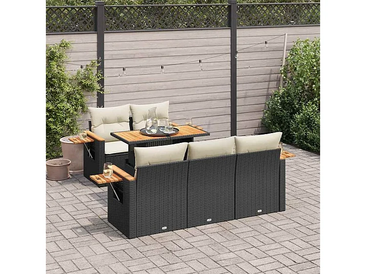 Salon de jardin 6 pcs avec coussins noir résine tressée acacia
