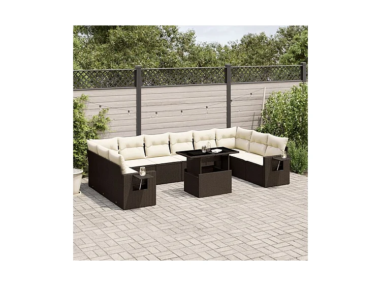 Salon de jardin et coussins 11 pcs marron résine tressée