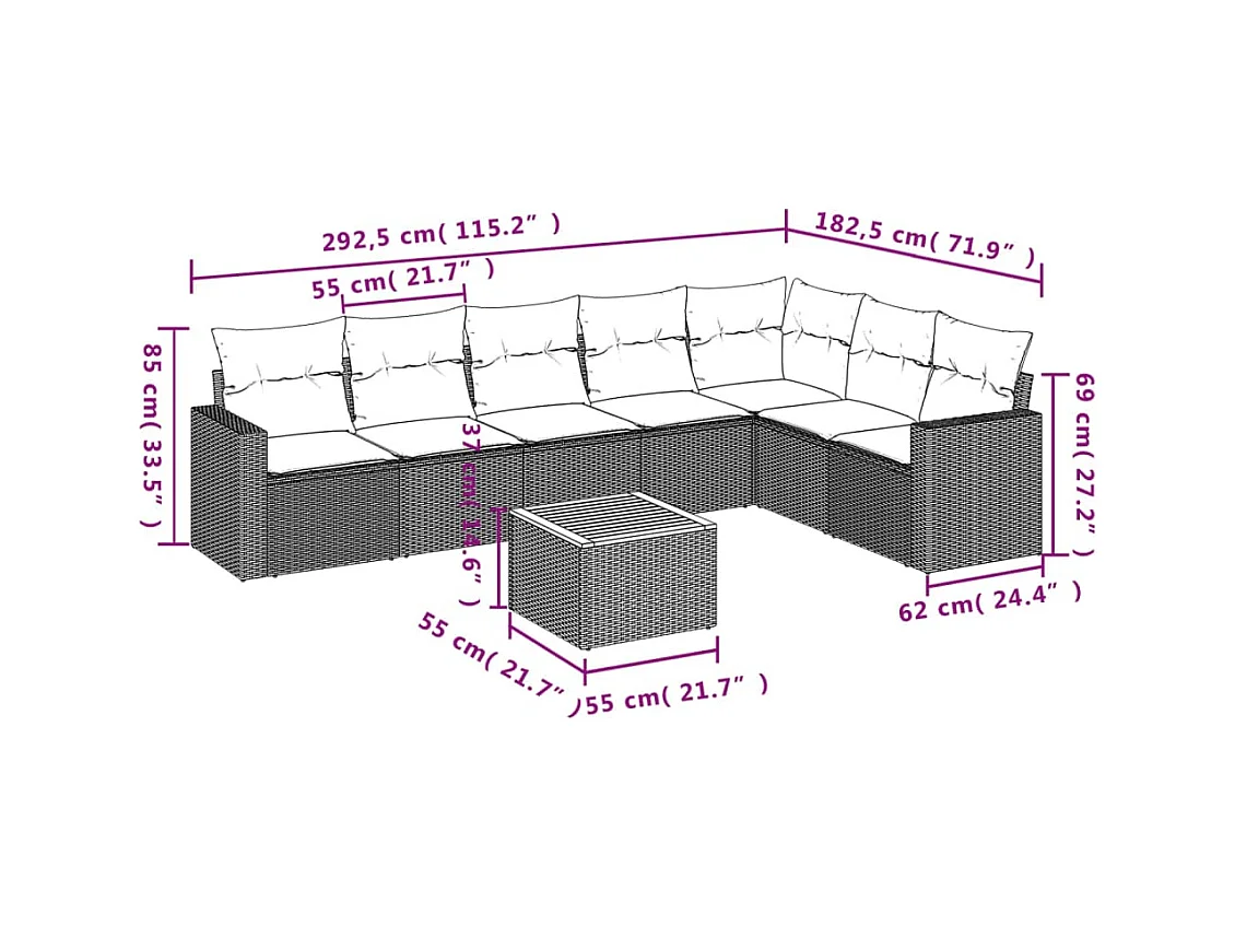 Salon de jardin avec coussins 8 pcs beige résine tressée