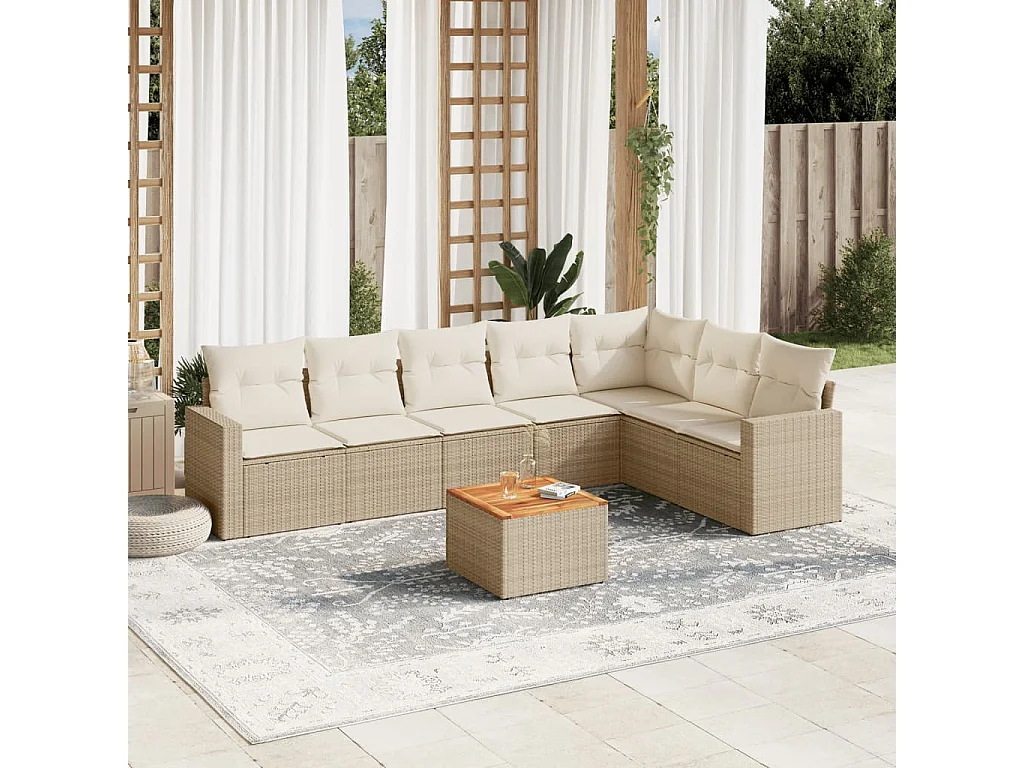Salon de jardin avec coussins 8 pcs beige résine tressée