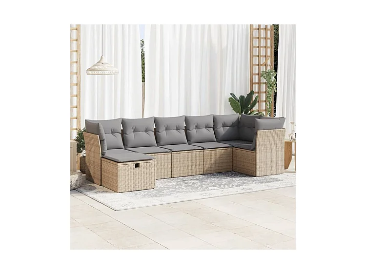 Salon de jardin avec coussins 7 pcs beige résine tressée