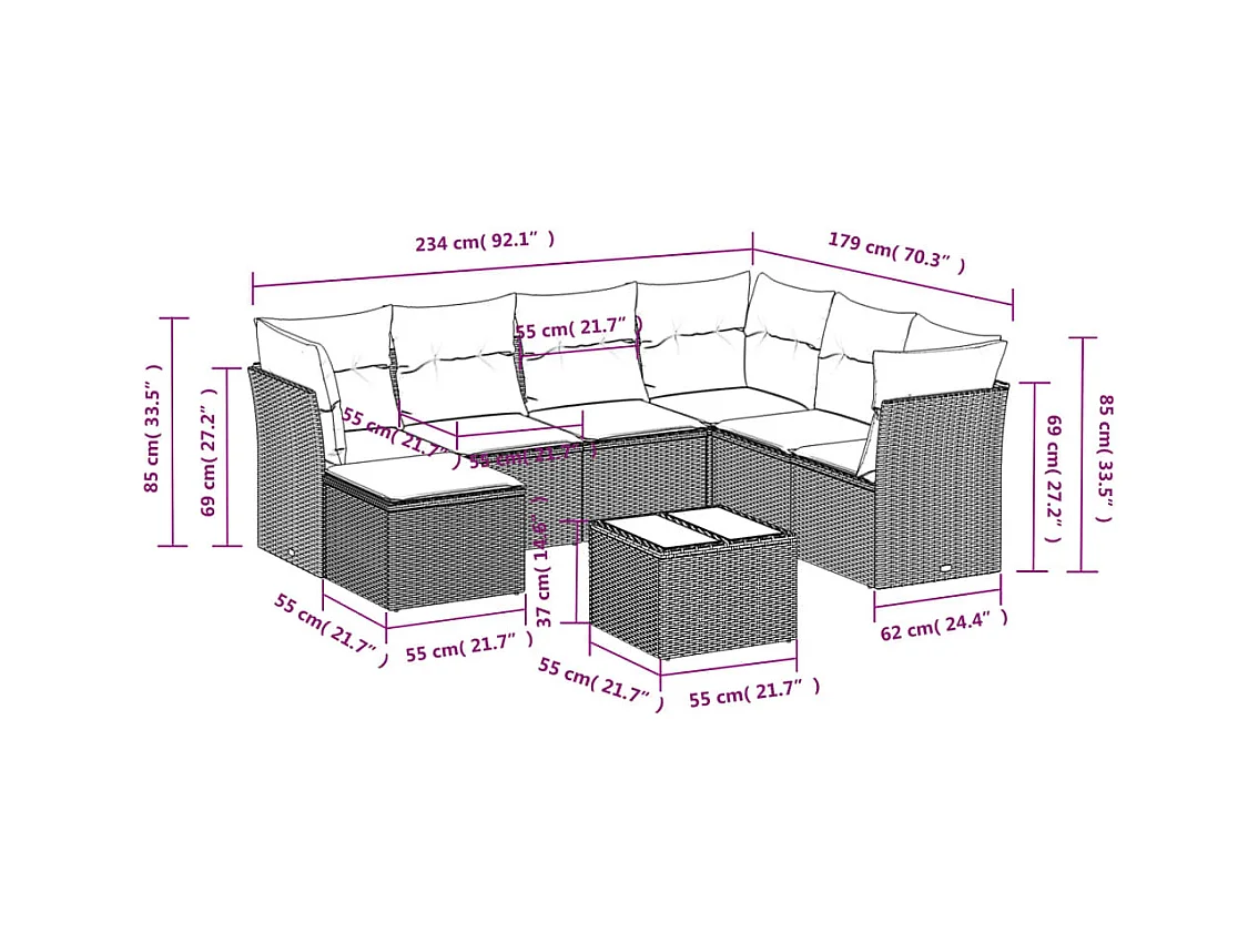 Salon de jardin 8 pcs avec coussins noir résine tressée