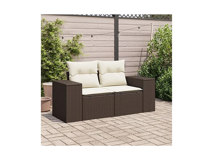 Canapé de jardin avec coussins 2 places marron résine tressée