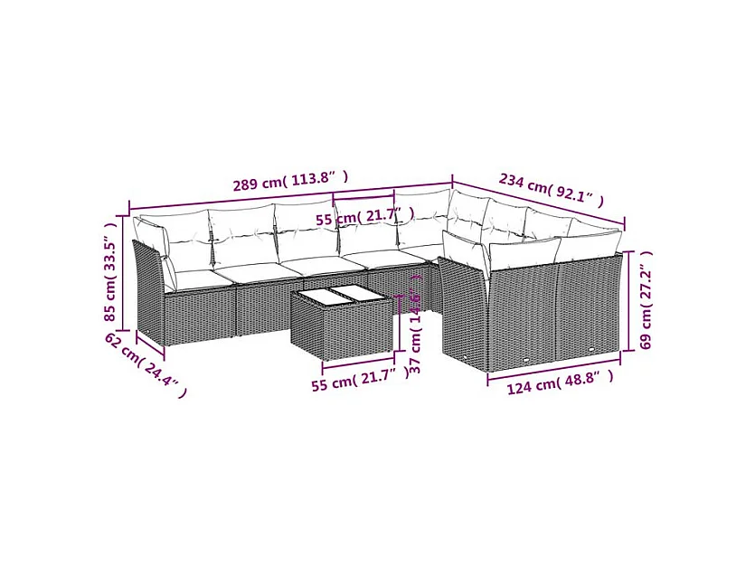 Salon de jardin 10 pcs avec coussins marron résine tressée