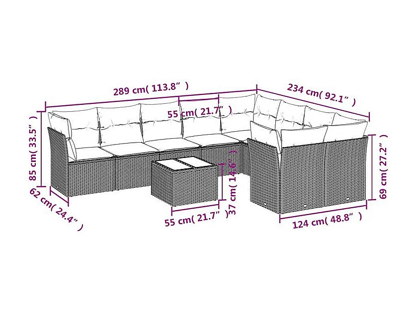 Salon de jardin 10 pcs avec coussins marron résine tressée