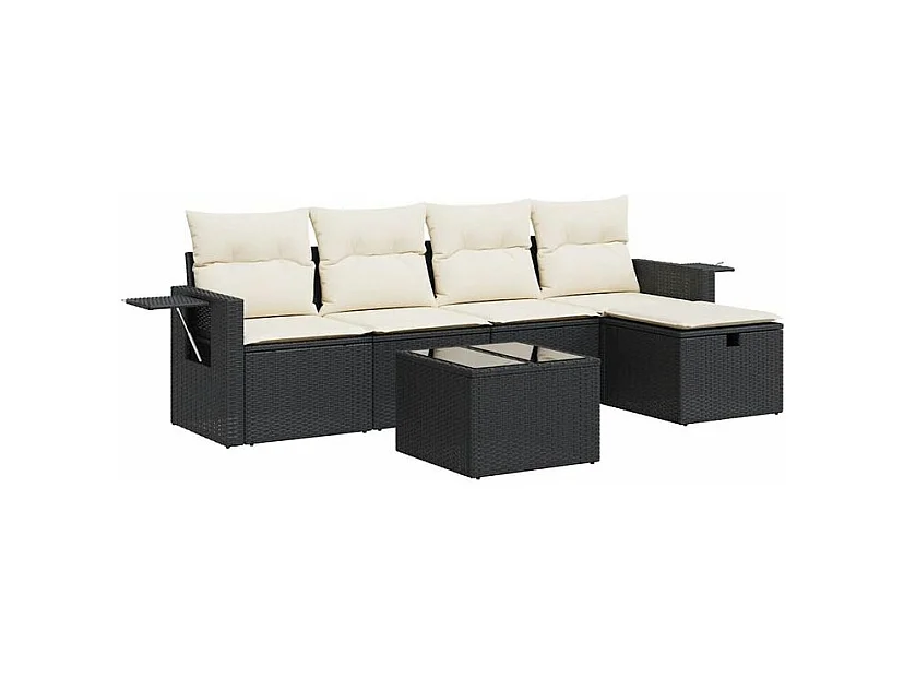 Salon de jardin 6 pcs avec coussins noir résine tressée