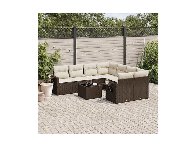Salon de jardin avec coussins 9 pcs marron résine tressée