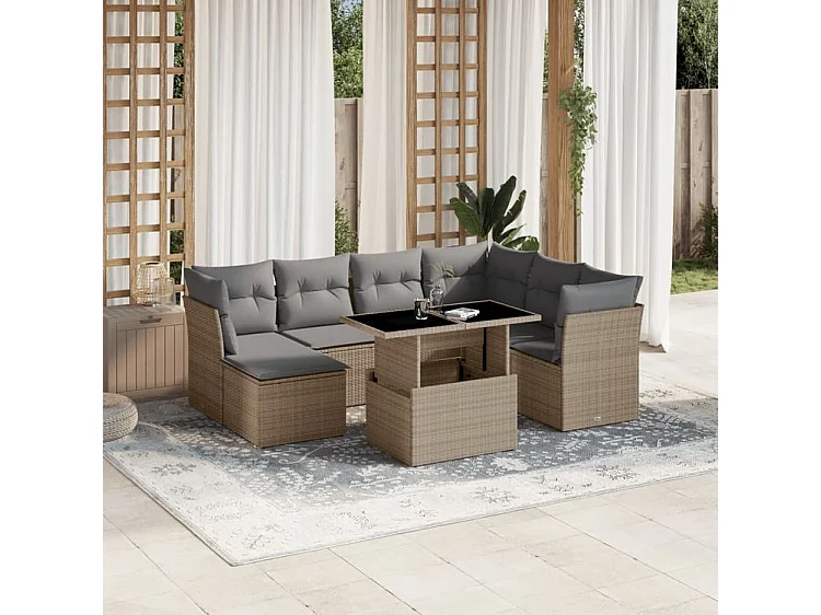 Salon de jardin avec coussins 8 pcs beige résine tressée