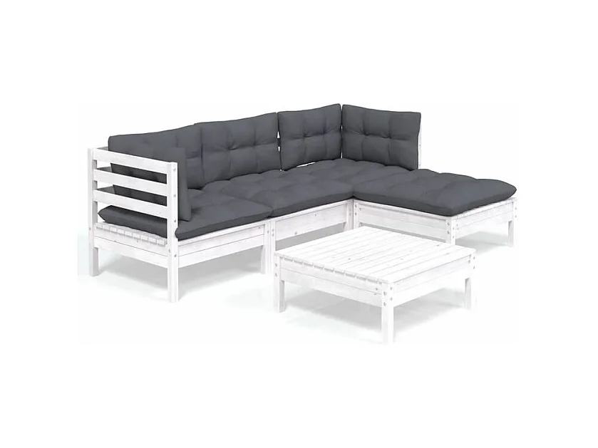 Salon de jardin 5 pcs avec coussins Blanc Bois de pin