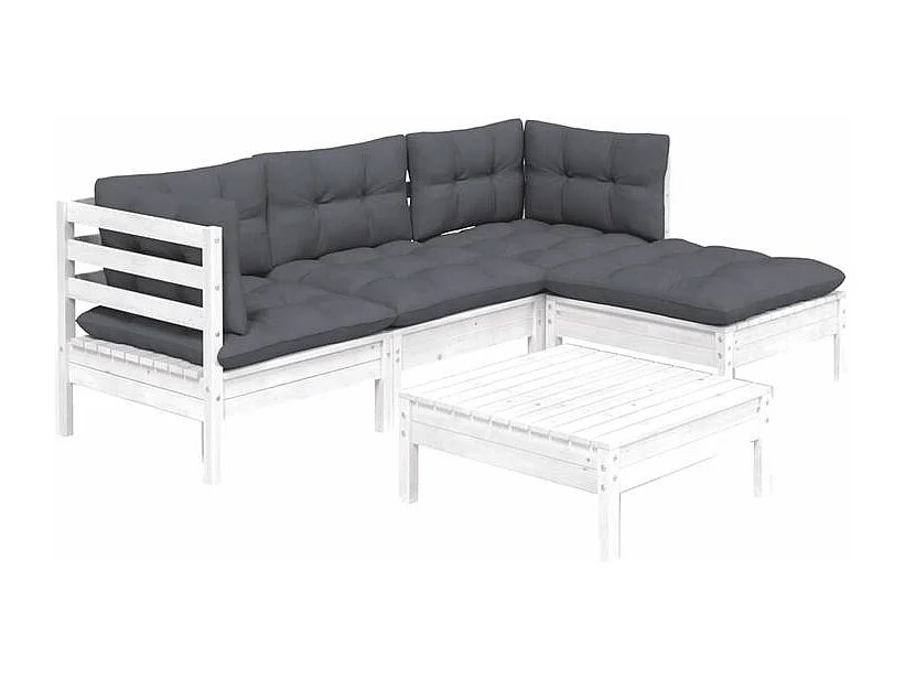 Salon de jardin 5 pcs avec coussins Blanc Bois de pin