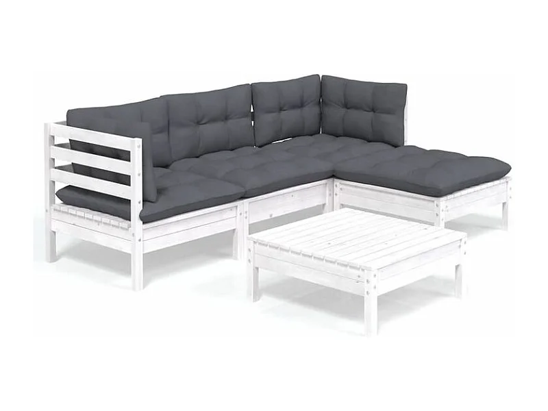 Salon de jardin 5 pcs avec coussins Blanc Bois de pin