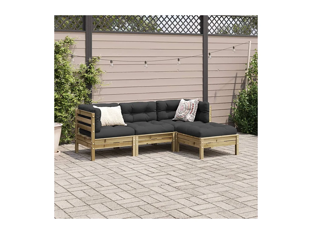 Salon de jardin 4 pcs avec coussins bois de pin imprégné