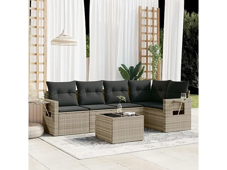 Salon de jardin 6 pcs avec coussins gris clair résine tressée