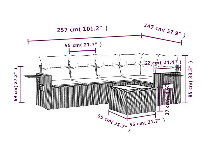Salon de jardin 6 pcs avec coussins gris clair résine tressée