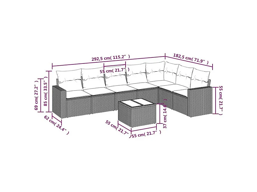 Salon de jardin 8 pcs avec coussins marron résine tressée