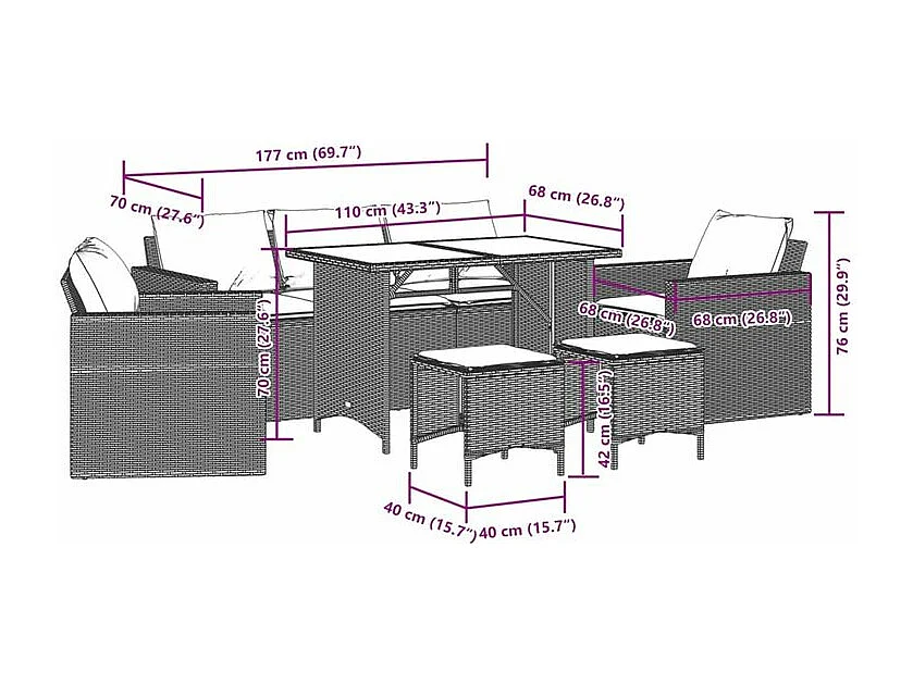 Salon de jardin 6 pcs avec coussins noir résine tressée