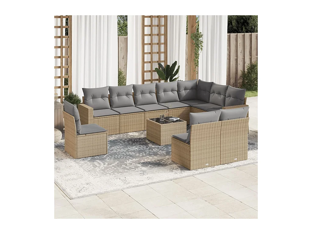 Salon de jardin 11 pcs avec coussins beige résine tressée